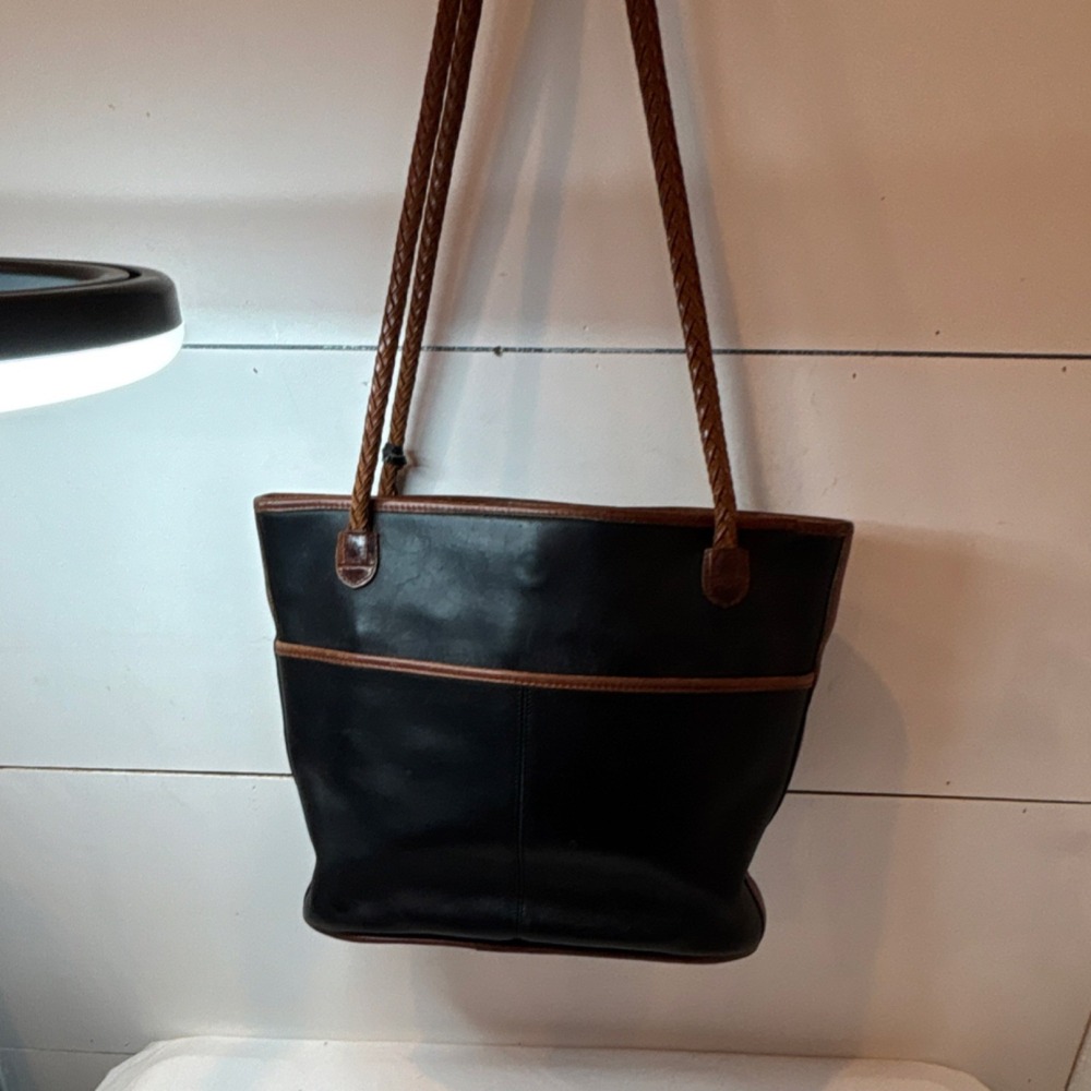 Brighton Vtg Black Brown Shoulder Bag with Heart Accents Braided Leather Strap - Picture 2 of 10
